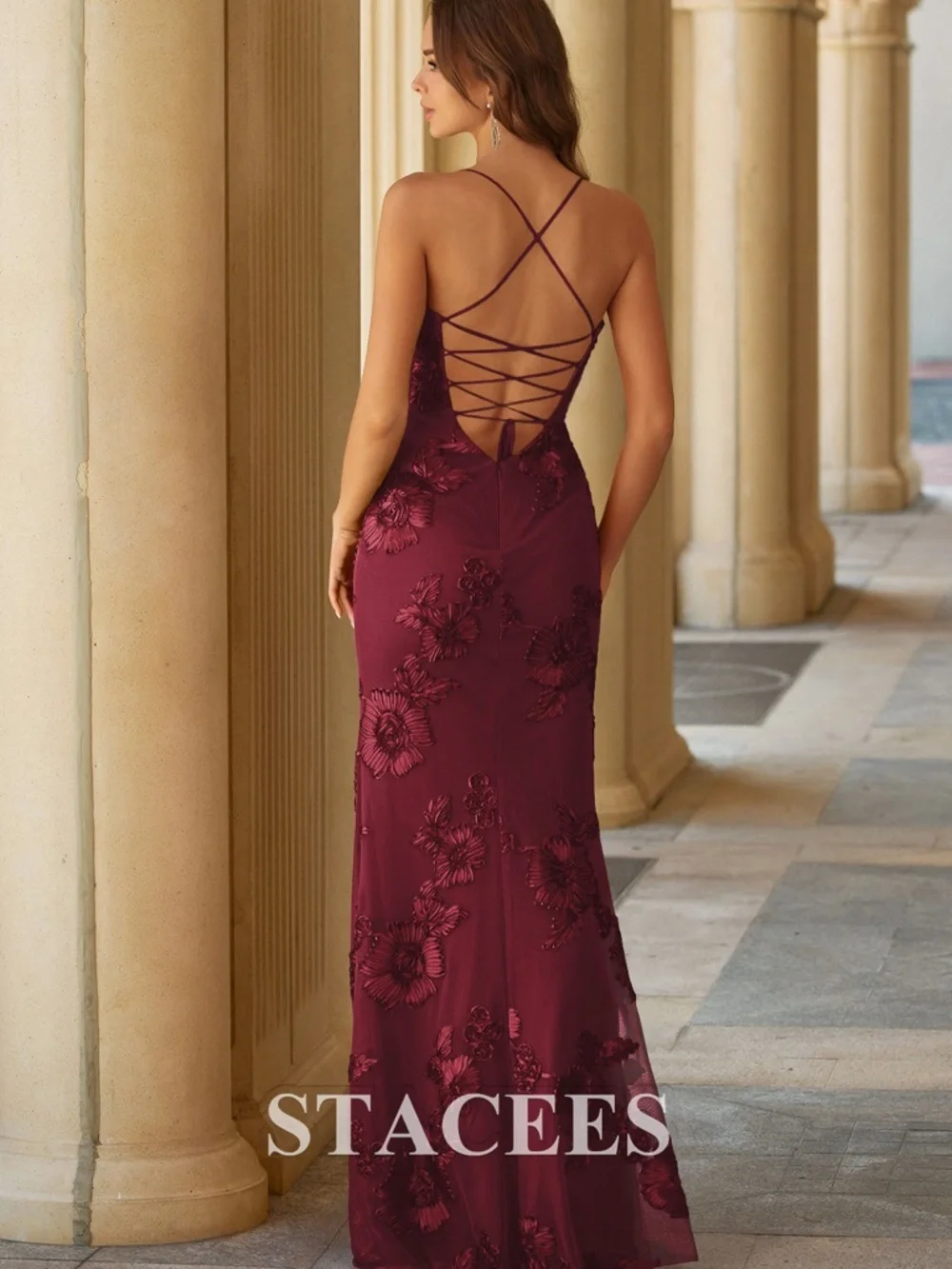 Stacees Burgundy Fitted Floral Jacquard Spaghetti Strap Prom Gown with Open Back - Picture 4 of 6